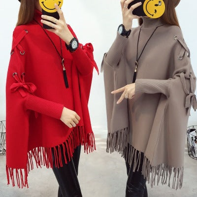 Poncho Suéter Cuello Alto Tejido Suelto Estilo Capa