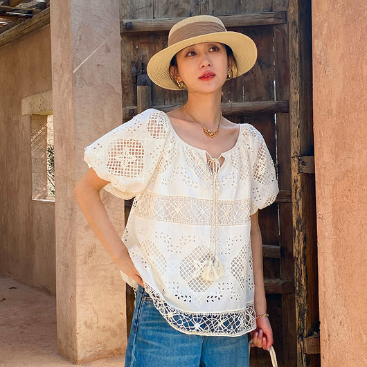 Blusa de Encaje Bordada Manga Corta - Diseño Exclusivo Francés Talla S - Image 6