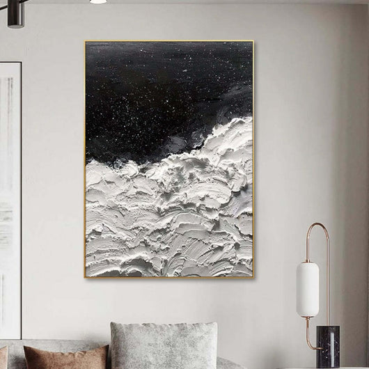 Cuadro Abstracto al Óleo Océano de Estrellas - Arte Moderno en Blanco y Negro para Decoración del Hogar - Image 4