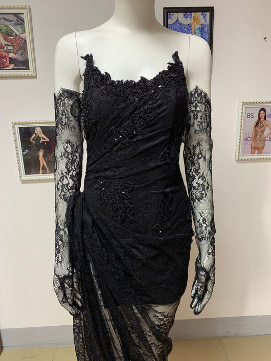 Vestido Largo Strapless con Encaje, Cuentas Brillantes y Abertura Sensual - Image 15