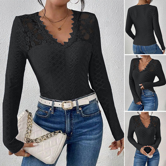 Blusa Elegante de Manga Larga con Panel de Encaje y Cuello en V para Mujer - Image 9