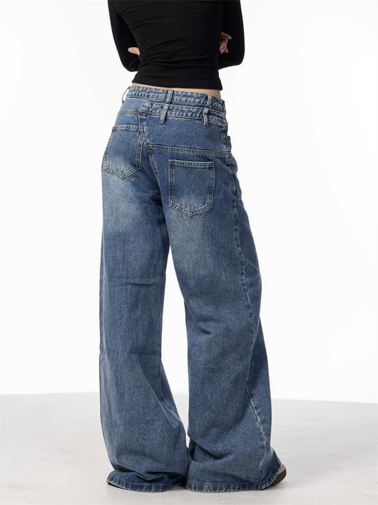 Pantalones Vaqueros Rectos Azules Cintura Alta Pierna Ancha Efecto Desgastado - Image 6