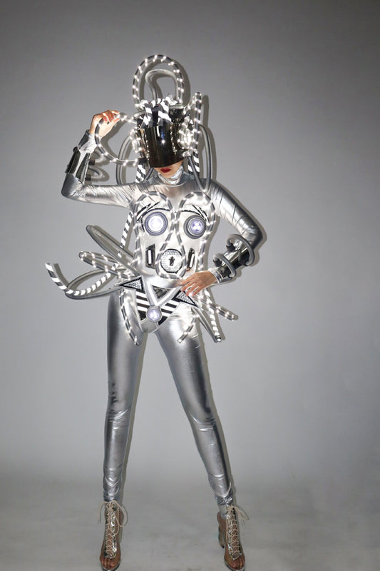 Traje de Rendimiento Cyberpunk con LED Luminoso Plateado - Image 2
