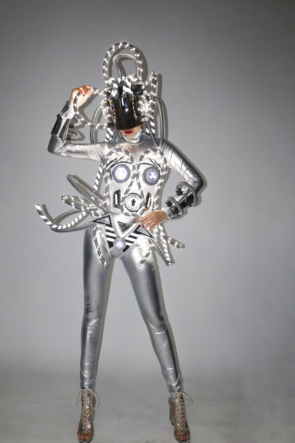 Traje de Rendimiento Cyberpunk con LED Luminoso Plateado