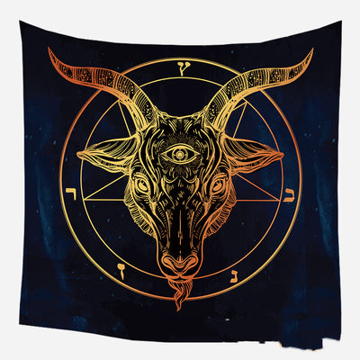 Golden crescent moon and woman silhouette tapestry with a floral crown against a dark blue starry background. - Image 55
