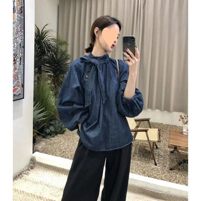 Camisa Denim Retro Suelta con Cuello y Cordones para Mujer - Image 4