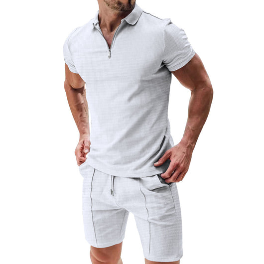 Conjunto Casual de Dos Piezas en Waffle para Hombre - Playera y Shorts con Cremallera - Image 2
