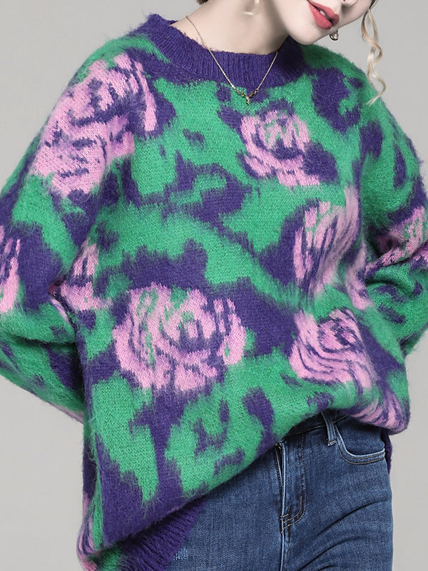 Suéter Pullover para Mujer con Cuello Redondo y Jacquard Floral Bicolor