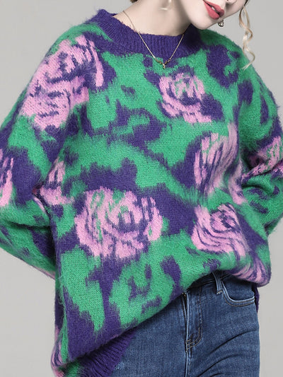 Suéter Pullover para Mujer con Cuello Redondo y Jacquard Floral Bicolor - Image 2