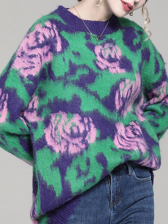 Suéter Pullover para Mujer con Cuello Redondo y Jacquard Floral Bicolor