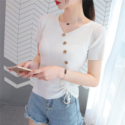 Camiseta Cuello V Ice Silk Manga Corta para Mujer - Image 9