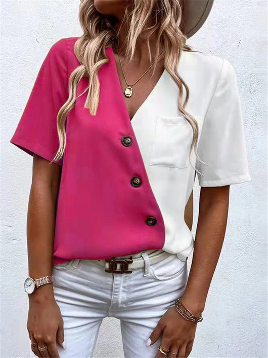Blusa Elegante de Chifón con Contraste y Manga Corta para Mujer - Image 24