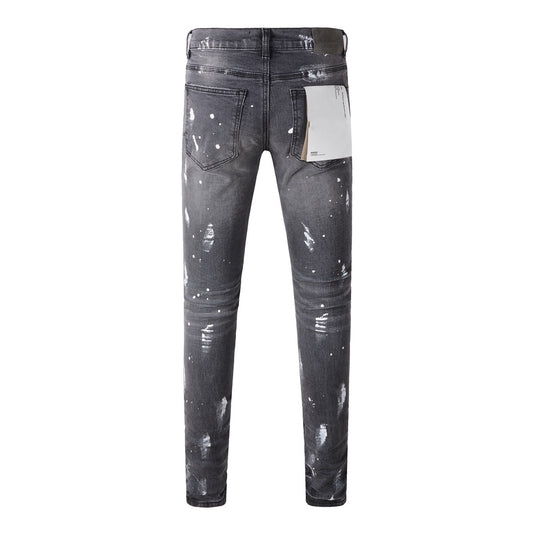 Pantalón Vaquero Gris Rotura Rodilla con Efecto Tinta Salpicada - Image 2