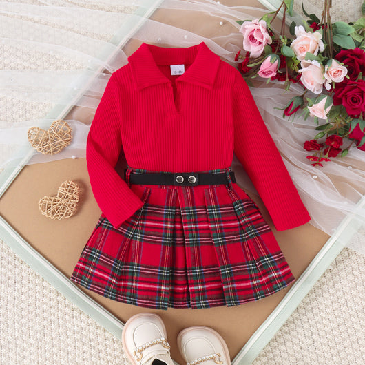 Conjunto Elegante de Otoño e Invierno para Niñas con Falda Plisada de Manga Larga