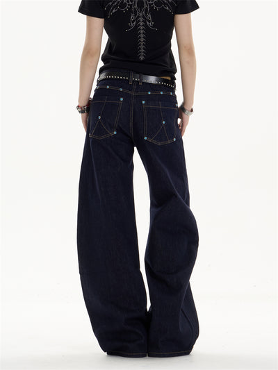 Pantalones Jeans Azul Oscuro Retro Corte Recto Ancho Casual - Image 13