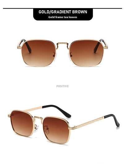 Gold frame square-oval sunglasses with gradient black and grey lenses and black temple tips on a white background. - Image 13
