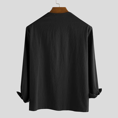Camisa Holgada con Cordones y Estampado de Cuello V Manga Larga para Hombre - Image 8