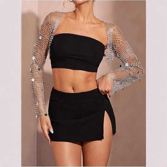 Cardigan de Malla con Lentejuelas y Detalles de Diamantes