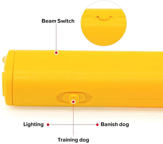 Black handheld ultrasonic dog repeller and trainer with a flashlight, featuring a slider switch and activation button. - Image 10