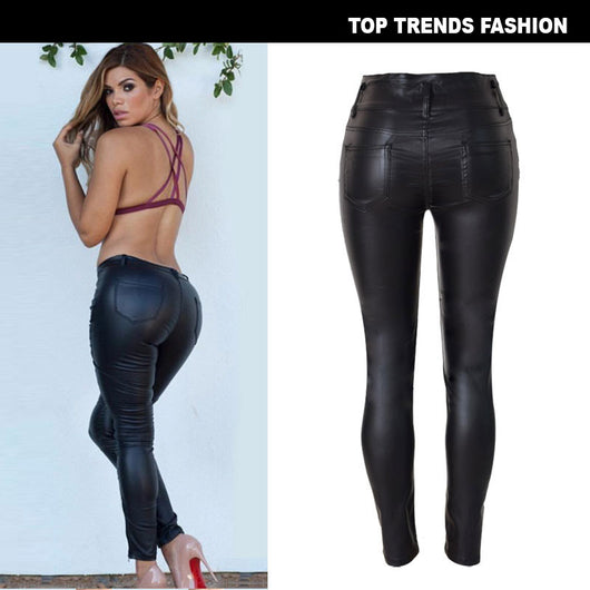 Pantalones Skinny de Cuero Talle Alto con 3 Botones - Image 4