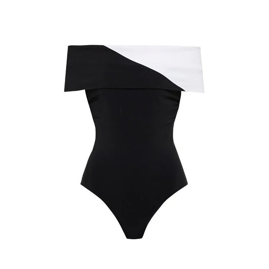 Black one-piece swimsuit with a deep V-neckline and white horizontal stitching detail across the plunge. - Image 10