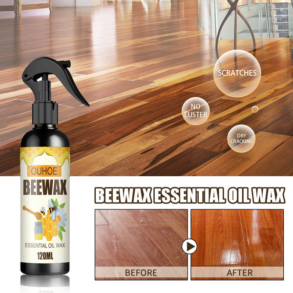 Black spray bottle of OUHOE Beeswax Essential Oil Wax, 120ml, for furniture and floor care.