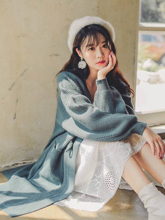 Cardigan Tejido Retro con Mangas Farol - Corte Holgado Midi para Mujer - Image 9