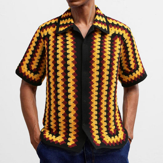 Camisa Retro de Punto Crochet a Rayas para Hombre - Image 3