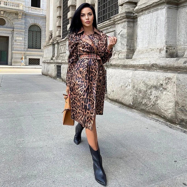 Abrigo Trench Estilo Leopardo con Efecto Ante Brillante y Cordones