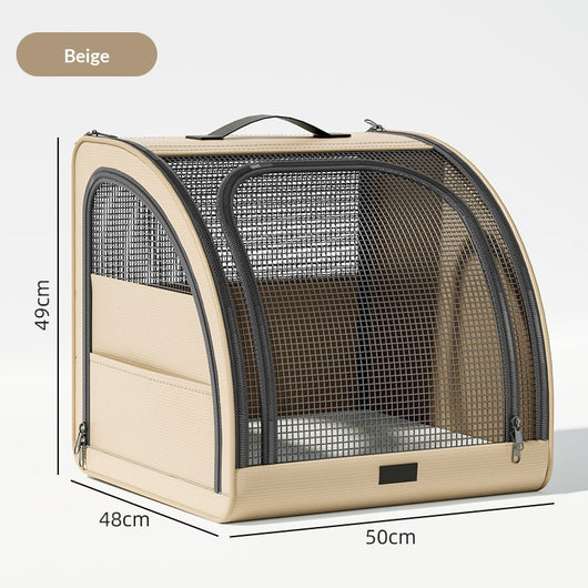 Gray portable pet carrier with mesh windows, a top handle, and side pocket, measuring 49cm H x 48cm W x 50cm L. - Image 6