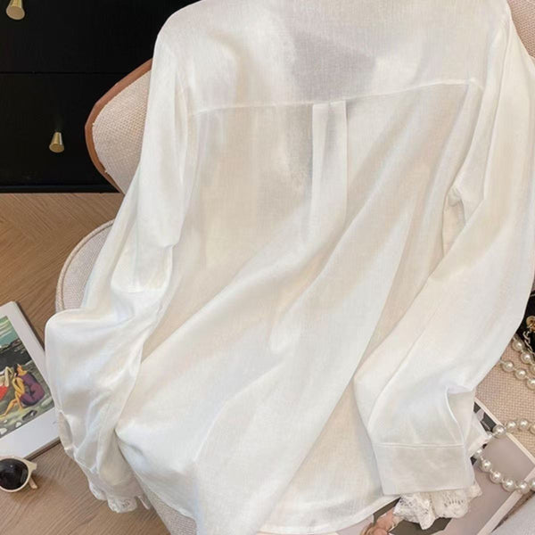 Blusa Larga de Manga Larga con Paneles de Encaje Efecto Dos Piezas