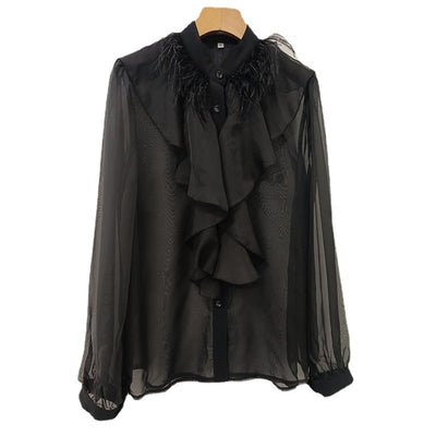 Blusa Elegante de Gasa con Cuello Alzado y Volantes - Image 11