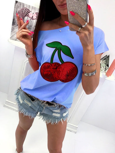 Remera de Algodón con Parche de Cereza y Lentejuelas - Image 2
