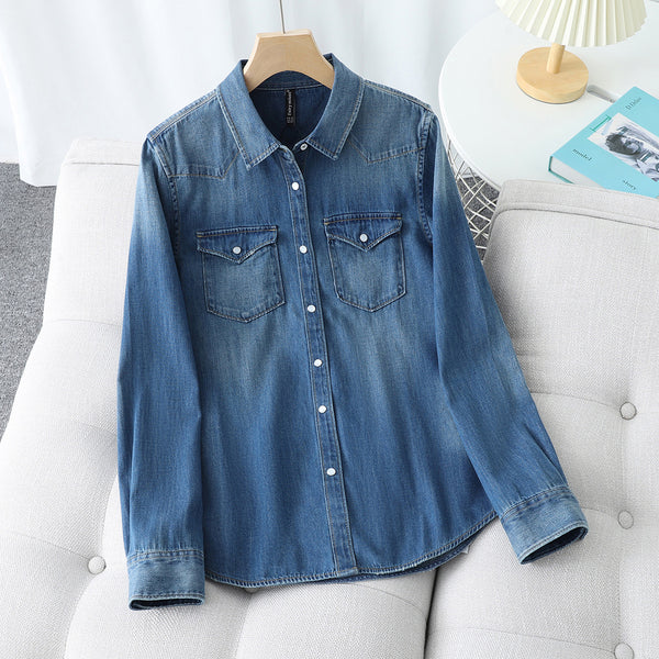 Camisa Denim Retro Suave con Bolsillos Dobles y Diseño Desgastado