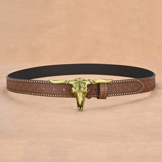Cinturón de Cuero Genuino para Hombre con Remaches Grabados