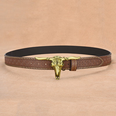 Cinturón de Cuero Genuino para Hombre con Remaches Grabados