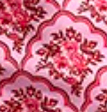 Pink two-piece bikini with a red floral and geometric print, featuring a bandeau top and high-cut bottoms. - Image 14