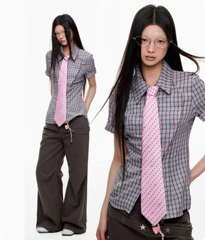 Camisa Cuadriculada Manga Corta Efecto Reductor para Mujer - Image 8