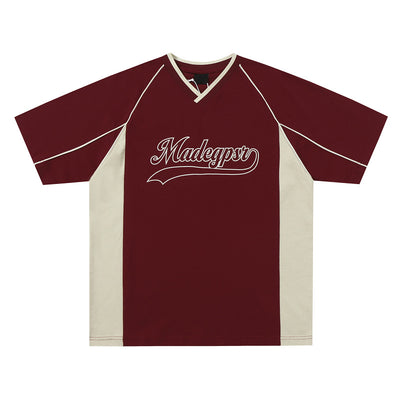 Men's khaki and red color contrast patchwork t-shirt with short raglan sleeves and a V-neck. - Image 3