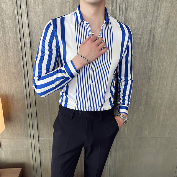Camisa Casual de Manga Larga con Cuello Puntiagudo a Rayas - Seda de Hielo sin Planchado