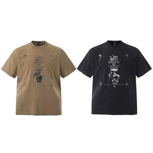 Camiseta Vintage Americana con Estampado de Letras - Manga Corta Lavado Desgastado