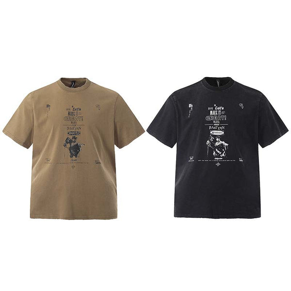 Camiseta Vintage Americana con Estampado de Letras - Manga Corta Lavado Desgastado