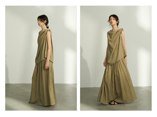 Falda Plisada Tencel Lino Efecto Desteñido con Volumen - Elegancia Moderna para Mujer - Image 19