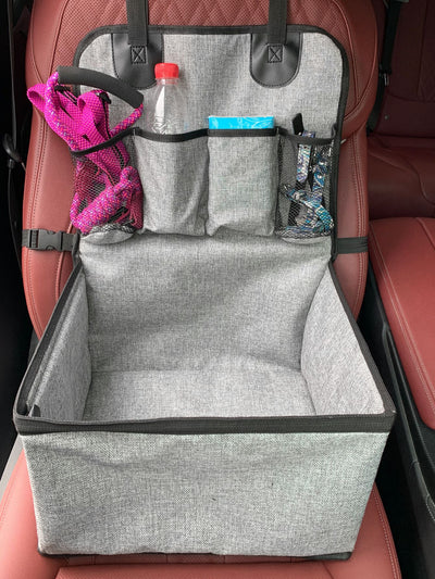 Gray portable car pet mat with multiple pockets, designed for household use and dirt resistance. - Image 16