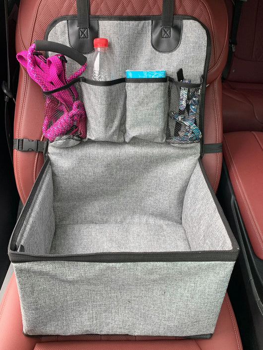 Gray portable car pet mat with multiple pockets, designed for household use and dirt resistance. - Image 16
