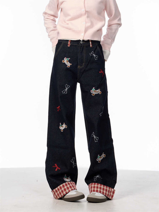 Jeans de Pierna Ancha Cintura Alta con Bordado de Moño Vintage - Image 8