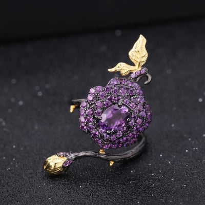Anillo Ajustable de Plata con Amatista y Guirnalda de Rosas