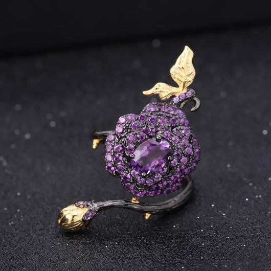 Anillo Ajustable de Plata con Amatista y Guirnalda de Rosas