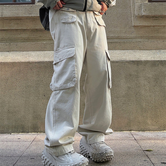 Pantalones Overol Retro Americano Marrón con Múltiples Bolsillos