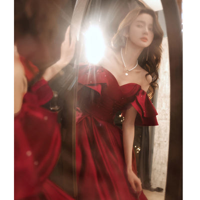 Vestido de Novia Borgoña Hombros Descubiertos Largo para Compromiso y Eventos - Image 2